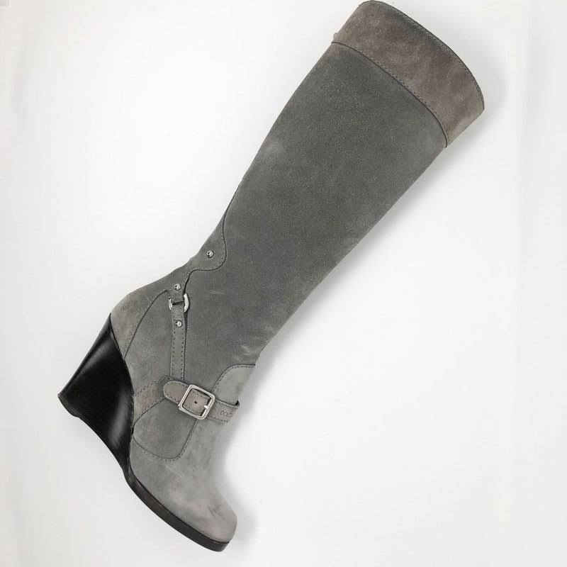 Dolce & Gabbana New In Box Sz 38 

Suede  (NOTE: Color is as shown in first 2 pics) 

Stacked Woodgrain Heel / Sole Wedge 4" Heel  

Interior Calf Circumference appx 13"  Shaft appx 12.25"

Buckle Detail Silvertone

3/4 Zipper at Side 

 