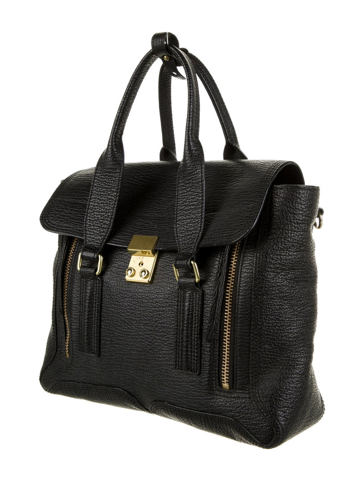 Phillip Lim 3.1 Medium Pashli Satchel Handbag Embossed Calfskin Leather 

Exterior Zippers Open for expanded Space

Very Good Pre Loved Condition

Gold Tone Hardware 

Inside Zipper Pocket

Slide Lock Flap Over Closure