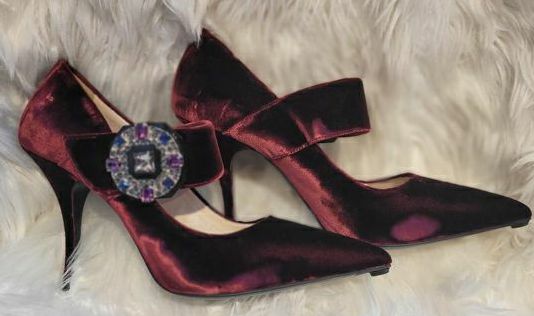 Prada Sz 8 Velvet Mary Jane

Pointed toe
Colored Crystal Brooch at ankle straps
3"- 4" heel