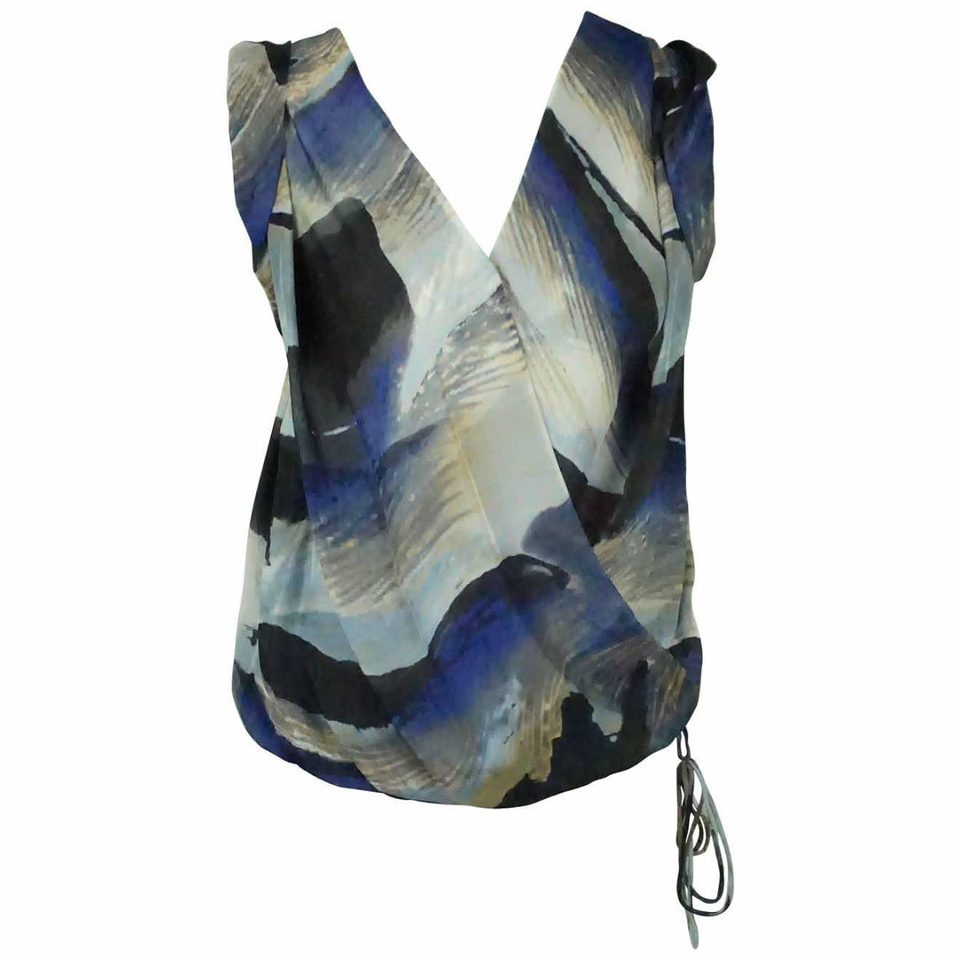 Robert Rodriguez Blue Printed Silk Chiffon Sleeveless Top double layer of silk print fabric cross over front v-neck line snap chest