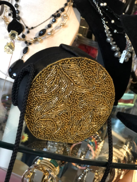 Vintage OSCAR DE LA RENTA Black Satin Gold Glass Bead Evening Shoulder Bag