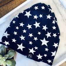 Blue w White  Stars Messy Bun Peek a Boo Beanie / Face Covering