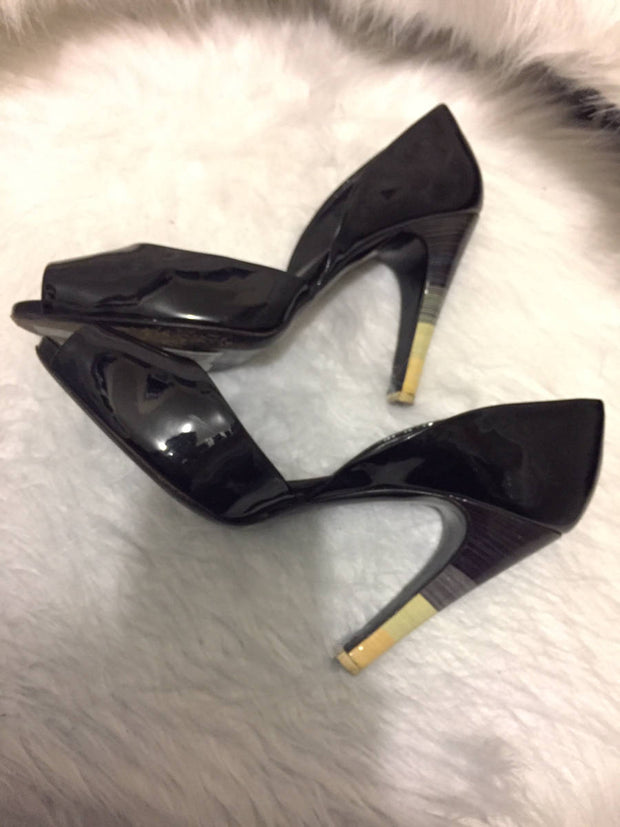 Salvatore Ferragamo D'Orsay Black Patent Leather Pump Rainbow Stripe Heel Shoe