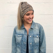 Leopard Messy Bun Peek a Boo Beanie / Face Covering