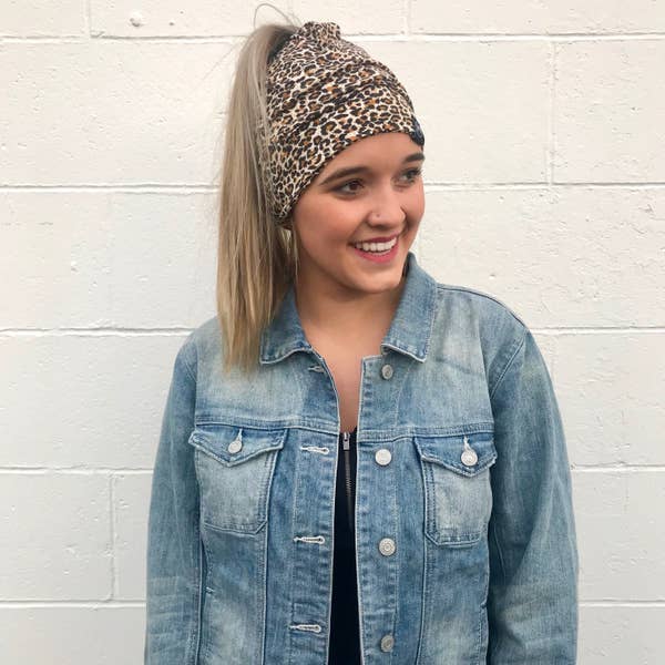 Leopard Messy Bun Peek a Boo Beanie / Face Covering