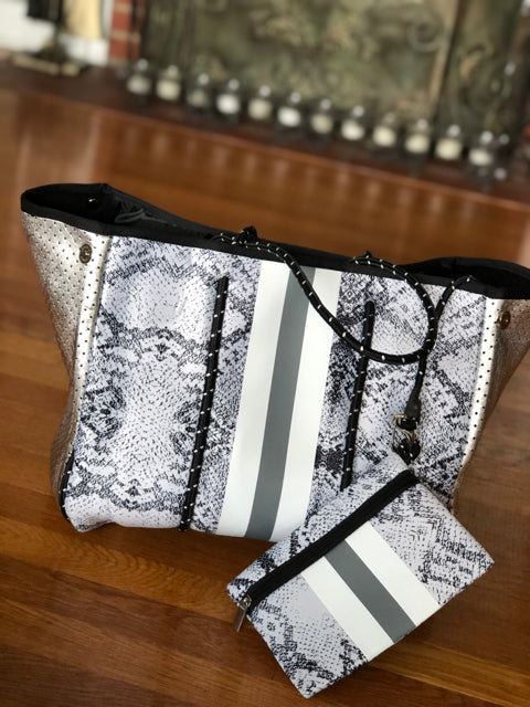 Neoprene Gray Python Print Tote
