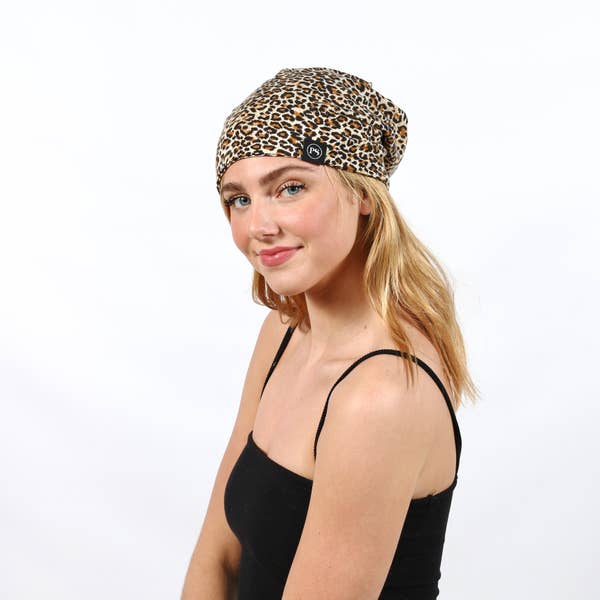 Leopard Messy Bun Peek a Boo Beanie / Face Covering