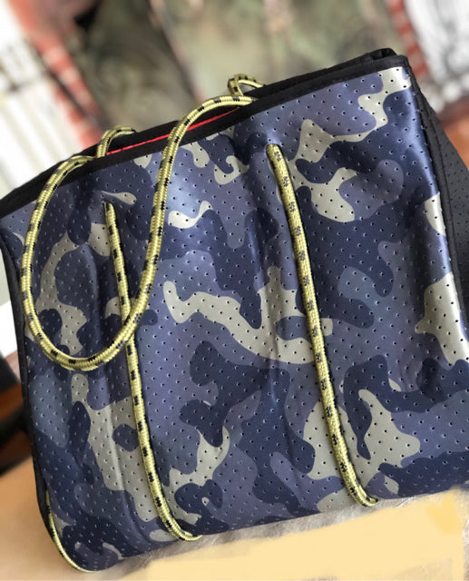 Neoprene Green Camo Orange Neon Stripe Tote