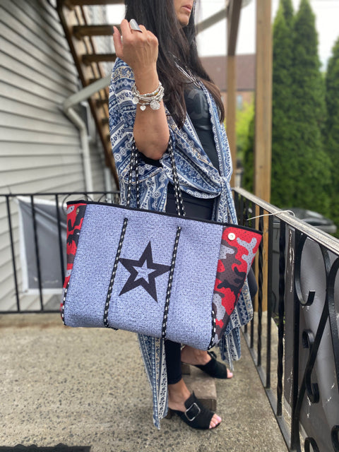 Neoprene Red Camo w Star Tote
