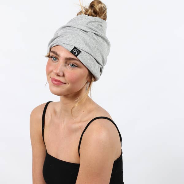 Lt Gray Messy Bun Peek a Boo Beanie / Face Covering