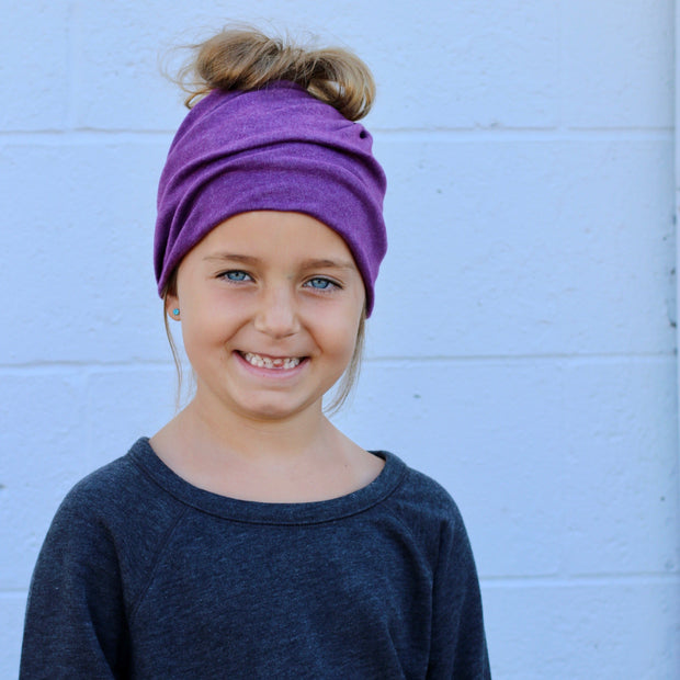 Child Size Plum Messy Bun Peek a Boo Beanie / Face Covering