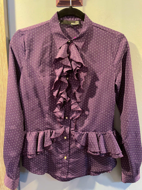 LOVE MOSCHINO Blouse Purple Dot Sz 4 Ruffle Collar