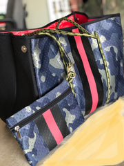 Neoprene Green Camo Orange Neon Stripe Tote