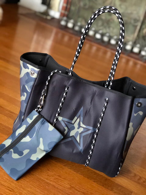 Neoprene Green Camo w Star Tote
