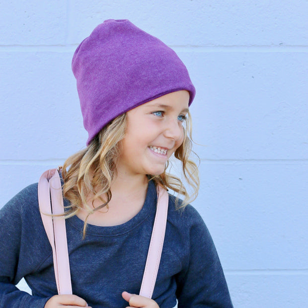 Child Size Plum Messy Bun Peek a Boo Beanie / Face Covering