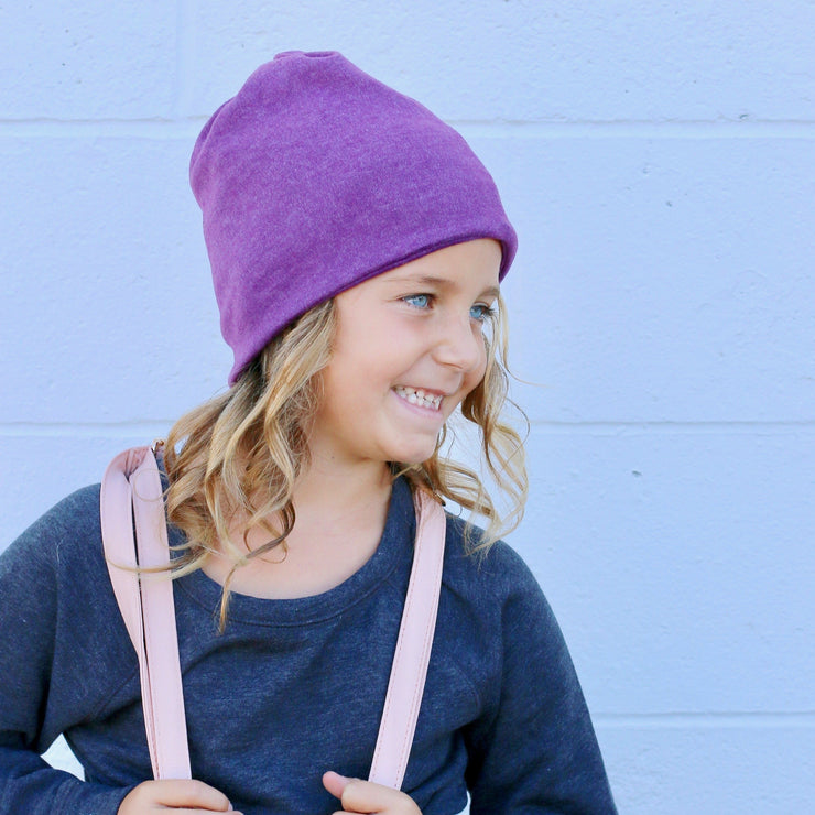 Child Size Plum Messy Bun Peek a Boo Beanie / Face Covering