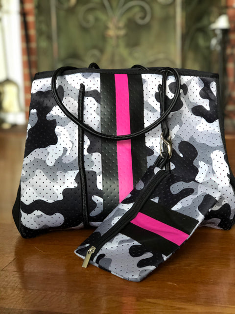 Neoprene Gray Camo w Pink Neon Stripe Tote