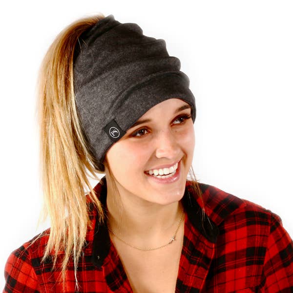 Charcoal Gray Messy Bun Peek a Boo Beanie / Face Covering